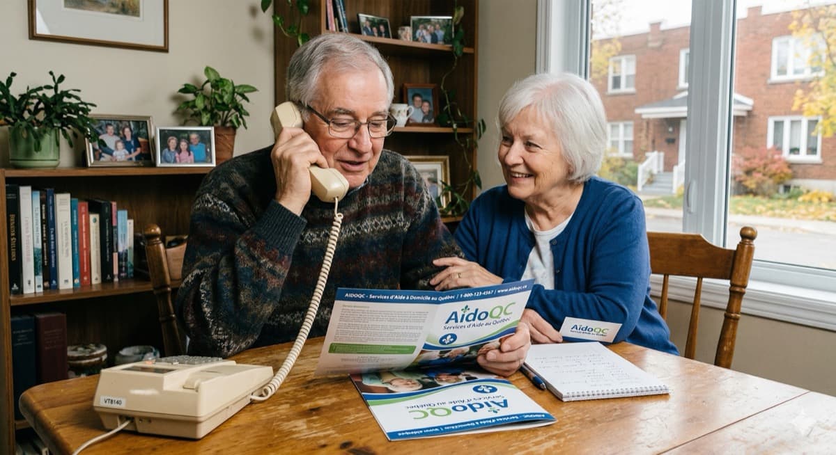 Couple d'aînés heureux utilisant les services AidoQC